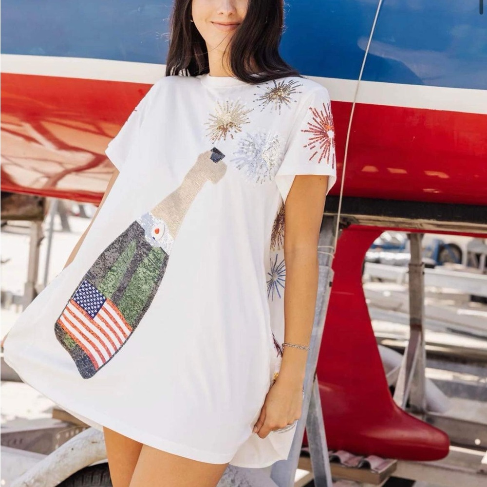 Queen of Sparkles T-Shirt Dress with Fireworks and Bottle Design